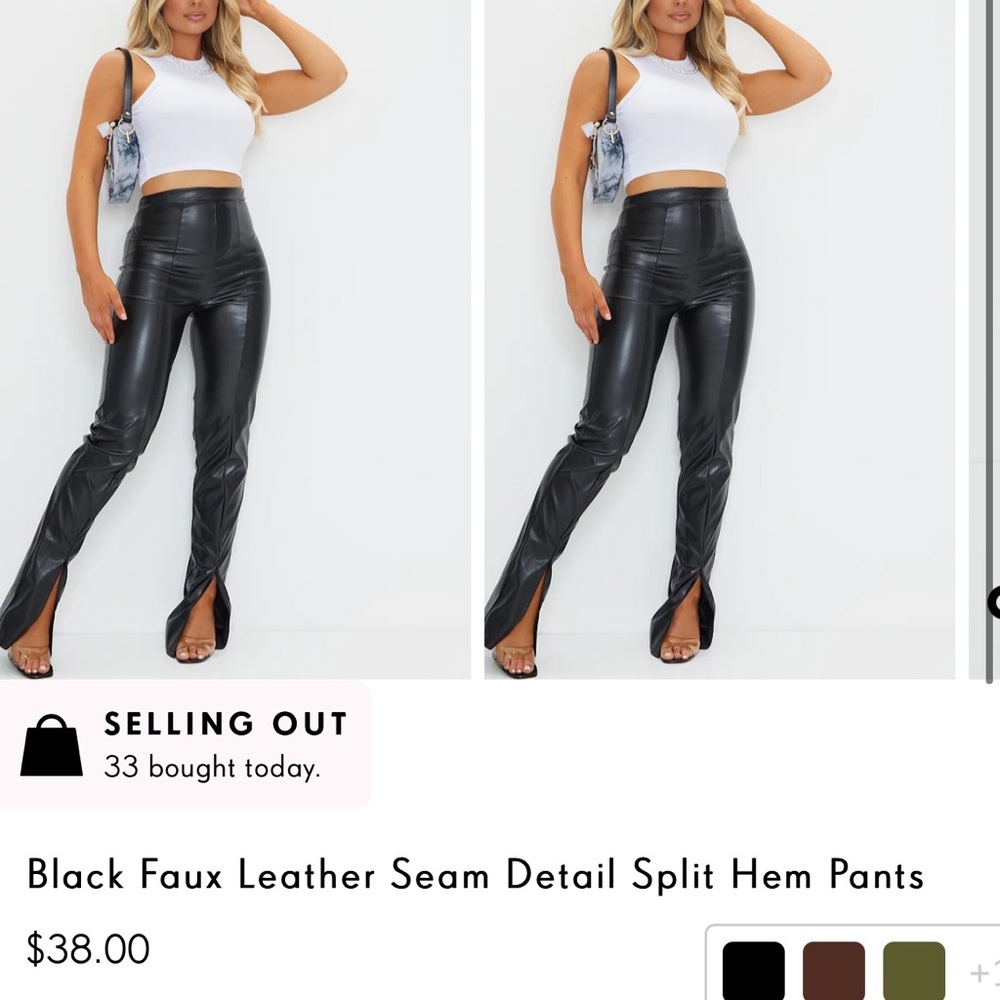 Black Faux Leather Seam Detail Split Hem Pants